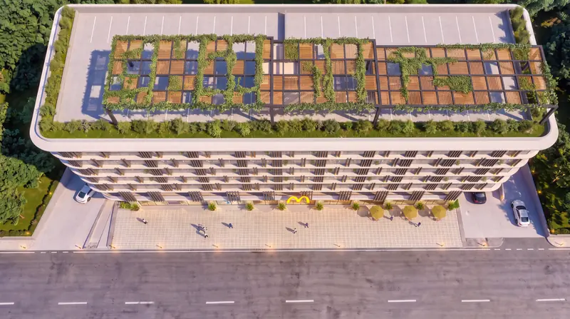 Aerial view of the landscaped rooftop